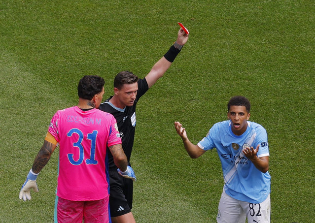 Rico Lewis #82 of Manchester City reacts after getting a red card during Manchester City game against Wydad AC during the FIFA Club World Cup at Lincoln Financial Field in Philadelphia, PA, United States on June 18, 2025. (Photo by Brian Snyder/Reuters)