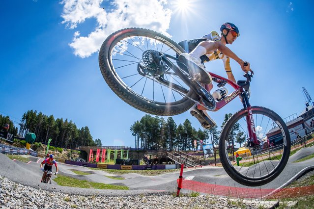Thomas Pidcock of Great Britain in action during the training of the Cross Country Elite Men, XCO, during the WHOOP UCI Mountain Bike World Series in Pal Arinsal, Andorra, 13 July 2025. (Photo by Maxime Schmid/EPA)