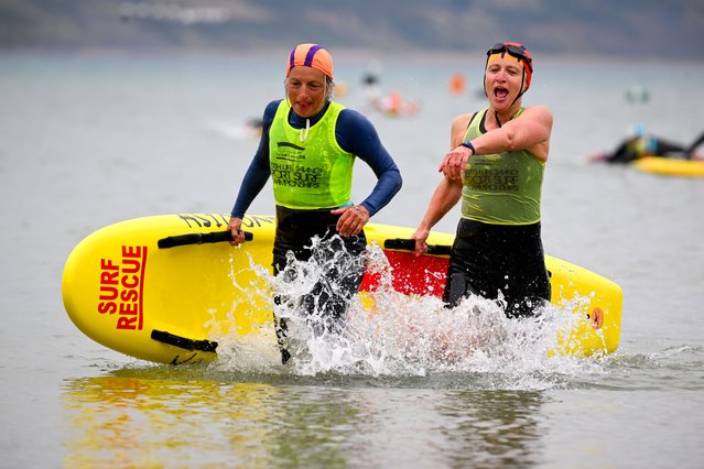 Competitors take part in the Senior category of The SLSGB National Surf Life Saving Championships on Weymouth beach, on August 03, 2025 in Weymouth, England. The SLSGB (Surf Life Saving Great Britain) National Surf Life Saving Championships 2025 are being held from August 2-9 on Weymouth beach with athletes of all ages competing in a wide range of lifesaving races designed to test their speed, strength, and water rescue skills. (Photo by Finnbarr Webster/Getty Images)