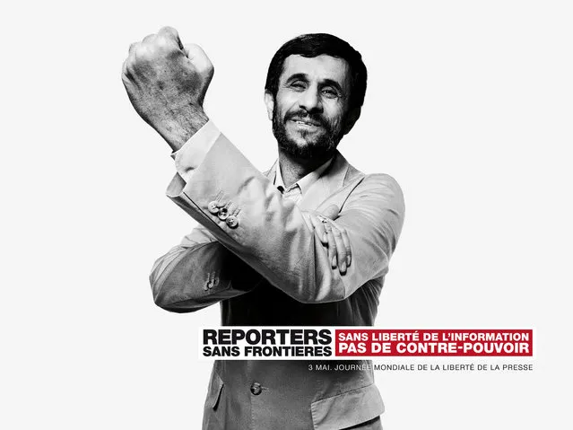 Reporters Without Borders exposes montages of world leaders, including Mahmoud Ahmadinejad (Iran), Xi Jinping (China) and Bashar al-Assad (Syria) and Vladimir Putin (Russia) in Paris, marking the 20th World Day of Freedom Media. (Photo by Vincent Bousserez/Reporters Without Borders)