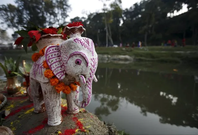 An idol of an elephant is kept on the bank of Bagmati river as an offering during the "Chhat" festival at Bagmati River in Kathmandu, Nepal November 17, 2015. (Photo by Navesh Chitrakar/Reuters)