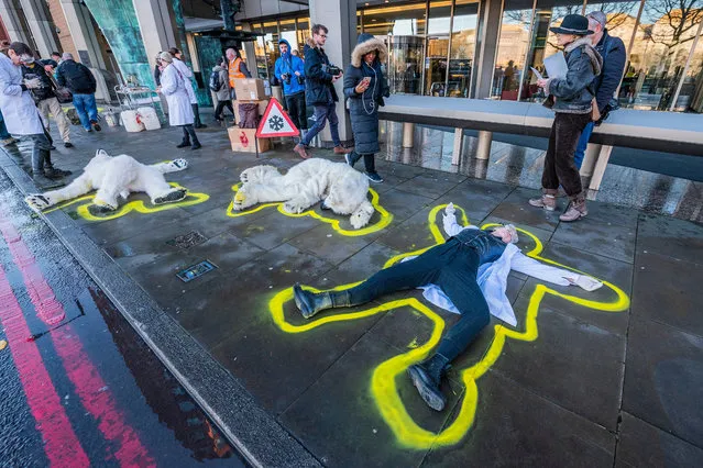 Extinction Rebellion protest against Arctic shipping pollution (“Dirty ship fuels are climate crimes”) as delegates arrive for an international shipping summit at Albert Embankment in London, England on February 17, 2020. (Photo by Guy Bell/Rex Features/Shutterstock)