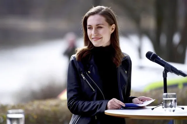 Finnish Prime Minister Sanna Marin attends a press conference with Swedish Prime Minister Magdalena Andersson ahead of a meeting on whether to seek NATO membership, in Stockholm, Sweden, Wednesday, April 13, 2022. (Photo by Paul Wennerholm/TT via AP Photo)