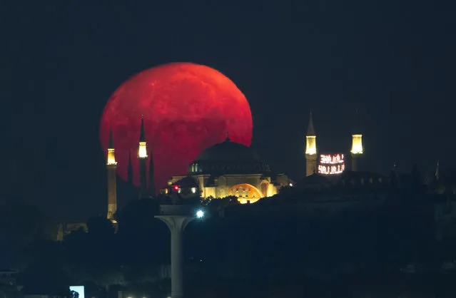 A view of full moon over Hagia Sophia Grand Mosque in Istanbul, Turkiye on July 02, 2023. (Photo by Isa Terli/Anadolu Agency via Getty Images)