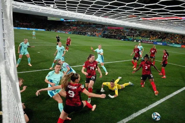 Hayley Raso of Australia scores her team's second goal during the FIFA Women's World Cup Australia & New Zealand 2023 Group B match between Canada and Australia at Melbourne Rectangular Stadium on July 31, 2023 in Melbourne, Australia. (Photo by Robert Cianflone/Getty Images)