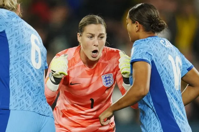 England's goalkeeper Mary Earps, centre, reacts during the Women's World Cup semifinal soccer match between Australia and England at Stadium Australia in Sydney, Australia, Wednesday, August 16, 2023. (Photo by Abbie Parr/AP Photo)