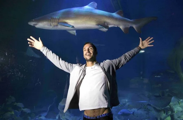 Serbia's Viktor Troicki poses for photos during his visit to Melbourne Aquarium, as part of a promotional event for the Australian Open tennis tournament, in this January 22, 2016 handout photo. (Photo by Fiona Hamilton/Reuters)