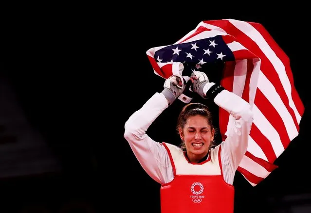 Anastasija Zolotic of Team United States celebrates after defeating Tatiana Minina of Team ROC during the Women's -57kg Taekwondo Gold Medal contest on day two of the Tokyo 2020 Olympic Games at Makuhari Messe Hall on July 25, 2021 in Chiba, Japan. (Photo by Murad Sezer/Reuters)