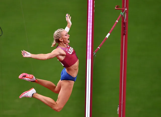 USA's Katie Nageotte reacts as she competes in the women's pole vault final during the Tokyo 2020 Olympic Games at the Olympic Stadium in Tokyo on August 5, 2021. (Photo by Clodagh Kilcoyne/Reuters)