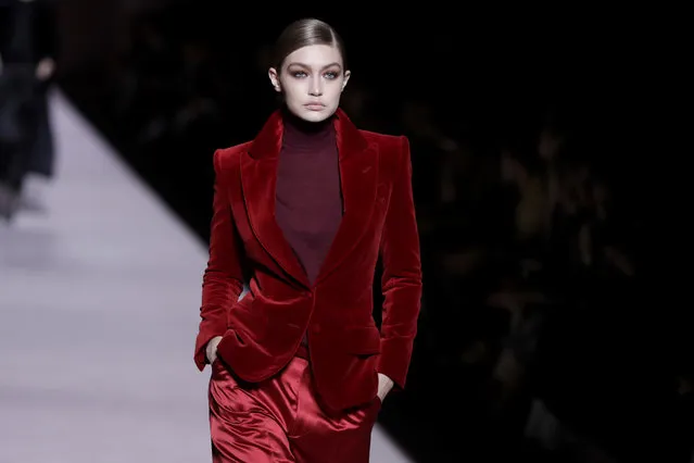 Gigi Hadid models fashion from the Tom Ford collection during Fashion Week, Wednesday, February 6, 2019, in New York. (Photo by Julio Cortez/AP Photo)