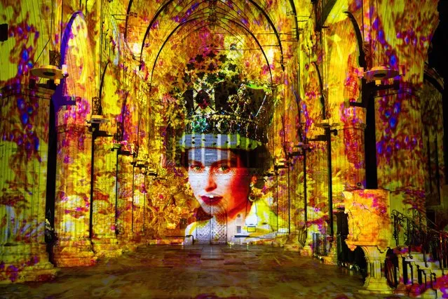 A projection of Queen Elizabeth II at Exeter Cathedral, on January 09, 2024 in Exeter, England. Crown and Coronation, the art installation, aims to bring to life the spectacle of the Crown Jewels and Coronations and has been created by the charity Historic Royal Palaces, in partnership with Luxmuralis – an artistic collaboration led by director Peter Walker and composer David Harper. Crown and Coronation is at Exeter Cathedral from Tuesday 9 to Saturday 13 January, before touring around the UK throughout 2024 and 2025. (Photo by Finnbarr Webster/Getty Images)