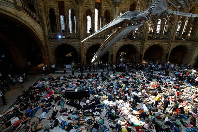 Extinction Rebellion climate change activists perform a mass "die in" under the blue whale in the foyer of the Natural History Museum in London on April 22, 2019, on the eighth day of the environmental group's protest calling for political change to combat climate change. Climate change protesters who have brought parts of London to a standstill said Sunday they were prepared to call a halt if the British government will discuss their demands. Some 963 arrests have been made and 42 people charged in connection with the ongoing Extinction Rebellion protests. (Photo by Tolga Akmen/AFP Photo)