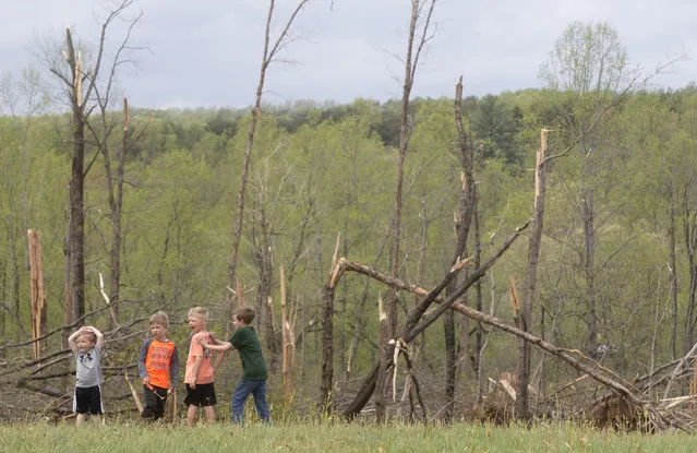 Damaged trees and children frame the property where Delores Anderson's house on Windy Ridge Road in Franklin County was leveled by a tornado Friday, April 19, 2019. From left to right, Bryce Powell, 3, Cooper Altice, 7, Jackson Anderson, 6, and Hunter Powell 8. (Photo by Heather Rousseau/The Roanoke Times via AP Photo)