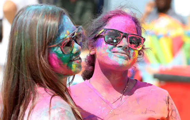 People celebrating Holi festival (festival of colours) held at Al Mamzar Beach Park in Dubai on March 5, 2024. Holi festival is on 8th march but people are celebrating on 5th and 12th march during the weekend. (Photo by Pawan Singh/The National)
