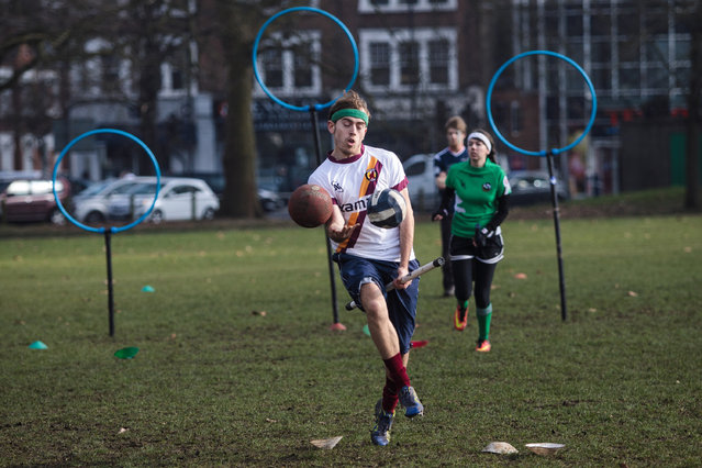 A Werewolves of London quidditch player is hit by a bludger during a game at the Crumpet Cup quidditch tournament on Clapham Common on February 18, 2017 in London, England. (Photo by Jack Taylor/Getty Images)