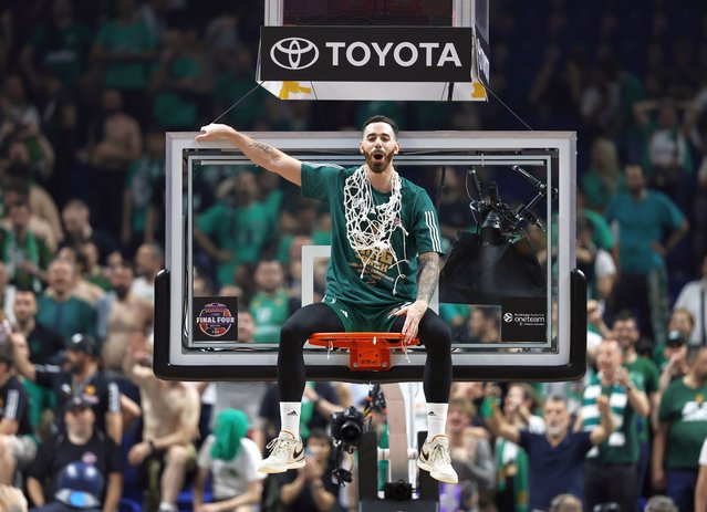 Panathinaikos' Luca Vildoza celebrates after winning the Euroleague Basketball final match between Real Madrid and Panathinaikos Athens in Berlin, Germany, 26 May 2024. (Photo by Ronald Wittek/EPA/EFE)