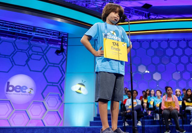 Juan Enzo Astoria, a 5th grader from Ohio participates in the Scripps National Spelling Bee in National Harbor, Maryland, on May 28, 2024. (Photo by Evelyn Hockstein/Reuters)