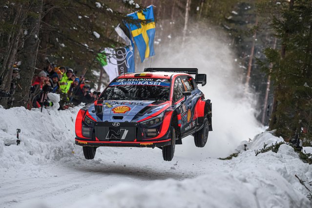 Thierry Neuville of Belgium and Martijn Wydaeghe of Belgium compete with their Hyundai Shell Mobis WRT Hyundai i20 N Rally1 during Day Three of the FIA World Rally Championship Sweden on February 26, 2022 in Umea, Sweden. (Photo by Massimo Bettiol/Getty Images)
