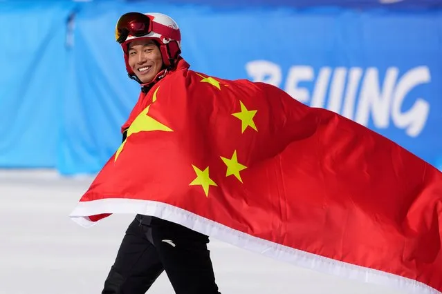 Silver medallist Pengyao Wang of Team China reacts after the Men's Snowboard Cross SB-UL Big Final at Genting Snow Park during day three of the Beijing 2022 Winter Paralympics on March 07, 2022 in Zhangjiakou, China. (Photo by Fred Lee/Getty Images)
