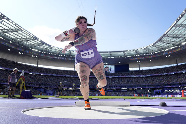 Chase Jackson, of the United States, competes during the women's shot put qualification at the 2024 Summer Olympics, Thursday, August 8, 2024, in Saint-Denis, France. (Photo by Ashley Landis/AP Photo)