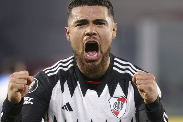 Paulo Diaz of Argentina's River Plate celebrates after scoring his side's opening goal against Argentina's Talleres during a Copa Libertadores round of 16 first leg soccer match at Mario Alberto Kempes stadium in Cordoba, Argentina, Wednesday, August 14, 2024. (Photo by Nicolas Aguilera/AP Photo)