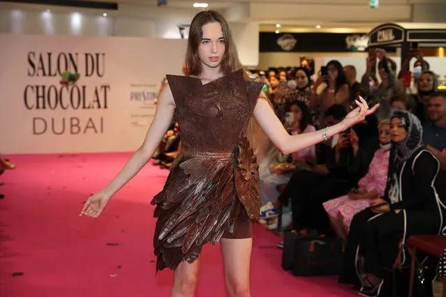 Model wearing dress made by chocolate during the fashion show at the World's Largest Chocolate Show Salon Du Chocolat held at Le Gourmet, Galeries Lafayette at Dubai Mall in Dubai on May 12, 2022. (Photo by Pawan Singh/The National)