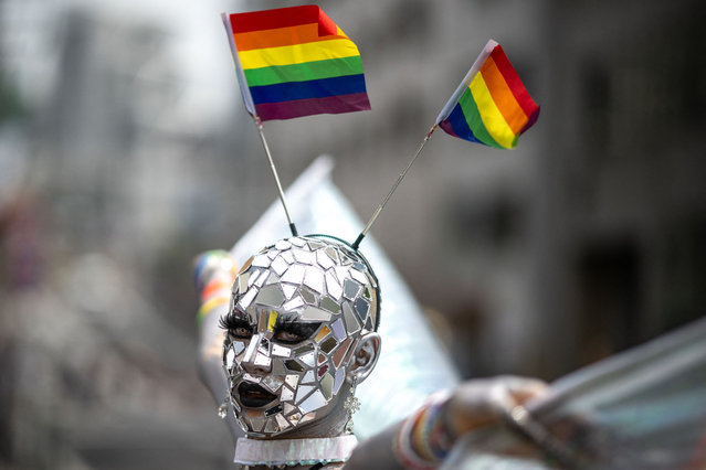 A performer attends the Tokyo Rainbow Pride 2024 Parade in Tokyo on April 21, 2024, to show support for members of the LGBT community. (Photo by Philip Fong/AFP Photo)