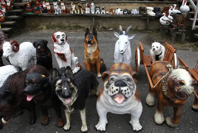 A white poodle (top R) sits on a wooden wagon among animal sculptures displayed at the road-side shop near the village of Kolesov, 90 km (55 miles) west from Prague, Czech Republic June 28, 2013. (Photo by Petr Josek/Reuters)