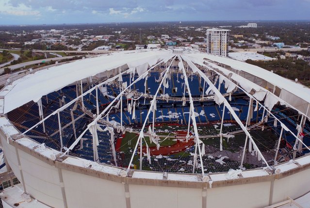 Hurricane Milton blew the roof off of Tropicana Field in St. Petersburg, FL, Thursday, October 10, 2024. (Photo by Ted Richardson/The Washington Post)