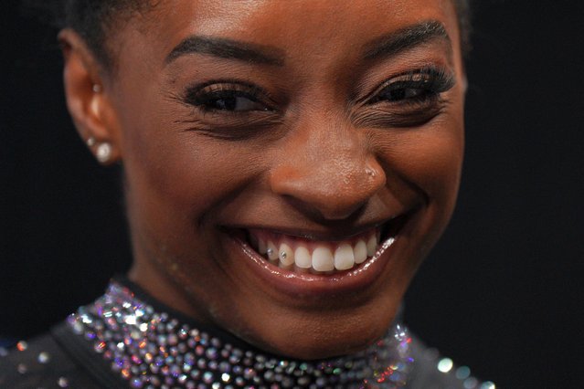 Gymnast Simone Biles smiles on the final day of women's competition at the 2023 US Gymnastics Championships at the SAP Center on August 27, 2023 in San Jose, California. A total of 147 gymnasts have qualified to participate in the Championships, where they will compete for titles and a spot on the US National Team. (Photo by Loren Elliott/AFP Photo)