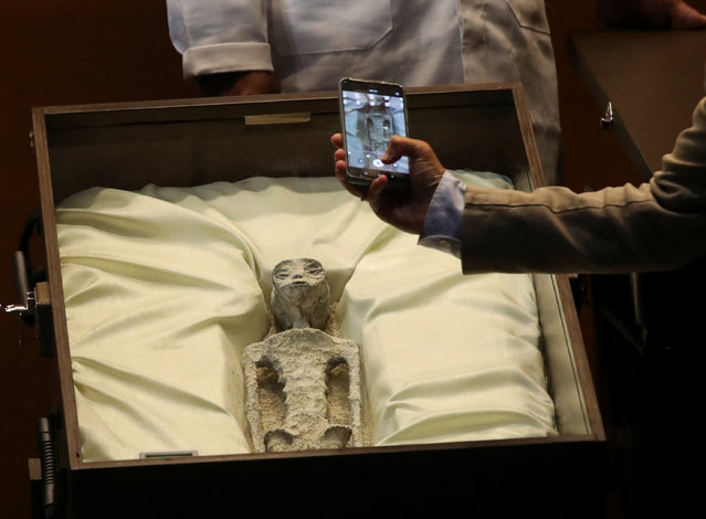 Remains of an allegedly “non-human” being is seen on display during a briefing on unidentified flying objects, known as UFOs, at the San Lazaro legislative palace, in Mexico City, Mexico on September 12, 2023. (Photo by Henry Romero/Reuters)