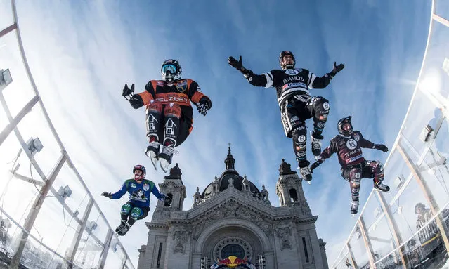 A handout photo made available by Limeximages showing (L-R) Maxwell Dunne and Cameron Naazs of the United States and Scott Croxall and Kyle Croxall of Canada perform during a trainings session at the first stage of the ATSX Ice Cross Downhill World Championship at the Red Bull Crashed Ice in Saint Paul, United States 18 January 2018, (issued 19 January 2018). (Photo by Joeg Mitter/EPA/EFE /Limeximages)