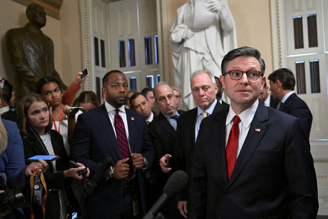 Speaker of the House Mike Johnson speaks to the press, as Republican lawmakers struggle to pass President Donald Trump's sweeping spending and tax bill, on Capitol Hill, in Washington, D.C. on July 2, 2025. (Photo by Annabelle Gordon/Reuters)