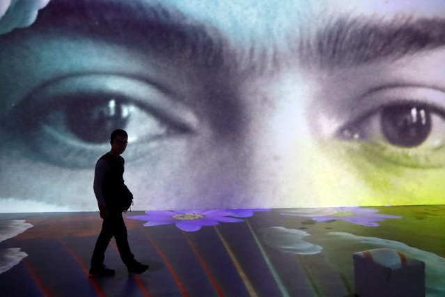 A person takes a tour during the Frida Kahlo: The life of an icon Immersive Biography exhibition at Espacio Alter. on July 22, 2025 in Mexico City, Mexico. (Photo by Luis Barron/Grupo Eyepix)