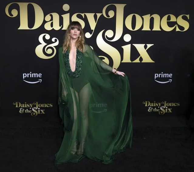 English model Suki Waterhouse arrives at the premiere of “Daisy Jones and The Six”, Thursday, February 23, 2023, at TCL Chinese Theatre in Los Angeles. (Photo by Jordan Strauss/Invision/AP Photo)