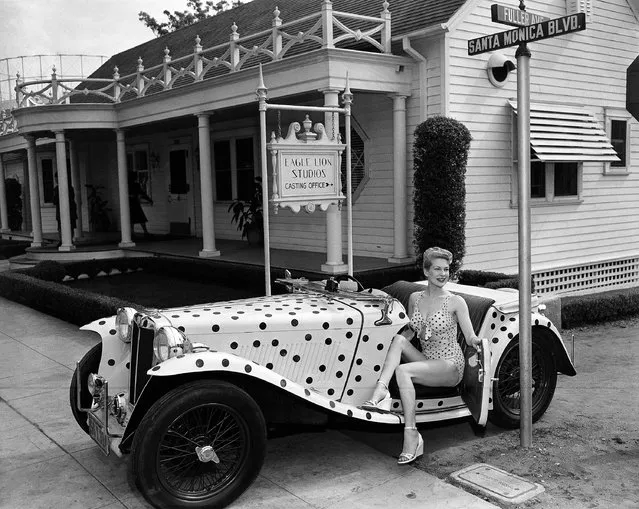 A polka-dotted foreign roadster for Polka-dot Queen Chili Williams was created by International Motors, a Hollywood automobile importer, shown March 8, 1948. Chili, a sports car enthusiast, requested that the British auto be “personalized”. (Photo by AP Photo)