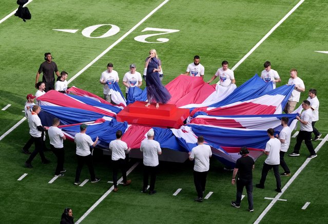 English singer-songwriter Pixie Lott sings the British national anthem ahead of the NFL International match at the Tottenham Hotspur Stadium, London on Sunday, October 5, 2025. (Photo by Bradley Collyer/PA Images via Getty Images)