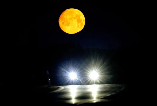 A car drives on a road near Wehrheim near Frankfurt, Germany, as the moon looks over on Tuesday, April 4, 2023. (Photo by Michael Probst/AP Photo)