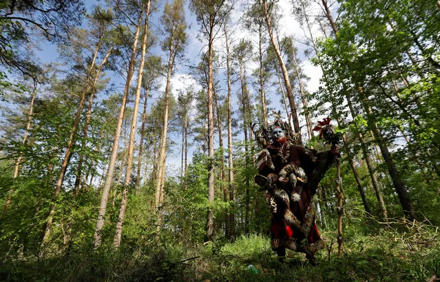 Vojtech Ruzicka, dressed as a character from the computer game “World of Warcraft”, stands in a forest near the town of Kamyk nad Vltavou, Czech Republic, April 28, 2018. The web developer ditched his laptop and urban Prague lifestyle and decamped to the forest dressed as a blue-faced shaman for a “World of Warcraft” reenactment game. (Photo by David W. Cerny/Reuters)