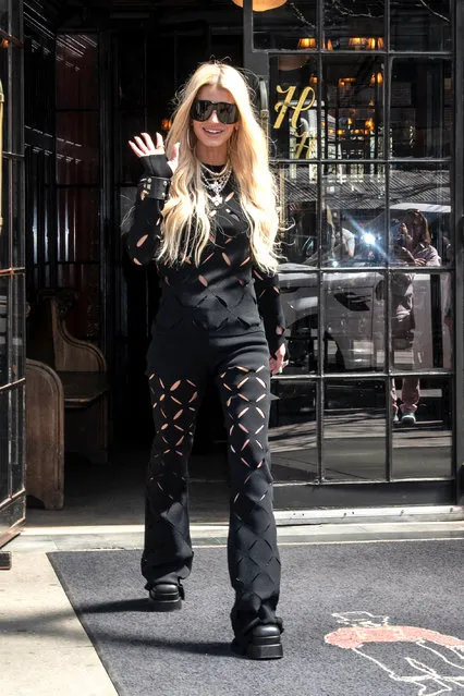 American singer Jessica Simpson is seen leaving her hotel on April 14, 2023. (Photo by RCF/The Mega Agency)