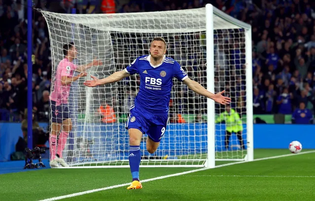 Jamie Vardy of Leicester City celebrates after scoring the second goal for Leicester City during the Premier League match between Leicester City and Everton FC at King Power Stadium on May 1, 2023 in Leicester, United Kingdom. (Photo by Molly Darlington/Reuters)