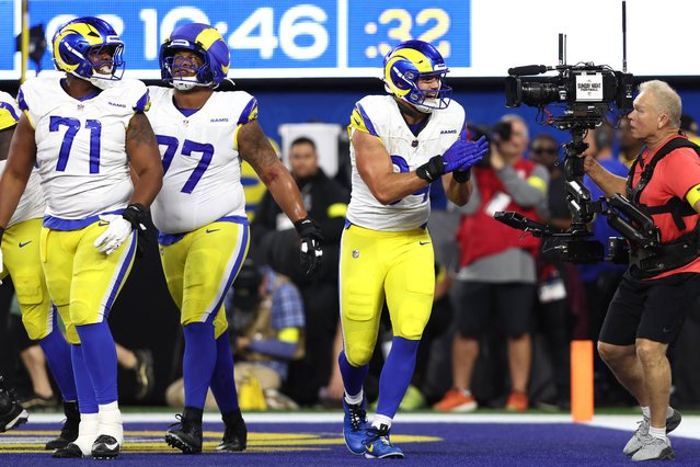 Los Angeles Rams tight end Colby Parkinson celebrates after scoring a touchdown against the Tampa Bay Buccaneers during the first half of an NFL football game, Sunday, November 23, 2025, in Inglewood, Calif. (Photo by Mark J. Terrill/AP Photo)
