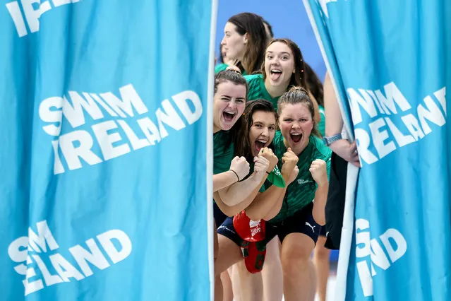 Ireland's Cara O'Kane, Hannah Taylor, Aoife Hennessey and Amelia Urry ahead of their final match of the weekend against Wales in the Water Polo Four Nations in the National Aquatic Centre, Blanchardstown, Dublin on May 21, 2023. (Photo by Ben Brady/INPHO)