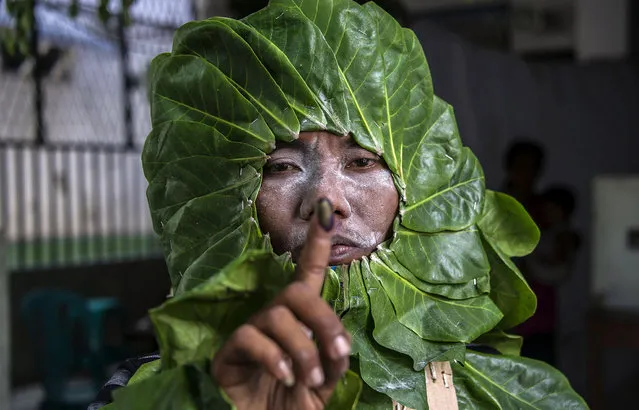 An Indonesian man dressed up as a plant to increase peoples' awareness of the environment shows his inked finger after voting in the country's first nationwide regional elections, in Surabaya on December 9, 2015. About 100 million voters were eligible to elect 269 provincial governors, district heads and city mayors, with polls taking place in around half the local administrations of the world's third-biggest democracy. (Photo by Juni Kriswanto/AFP Photo)