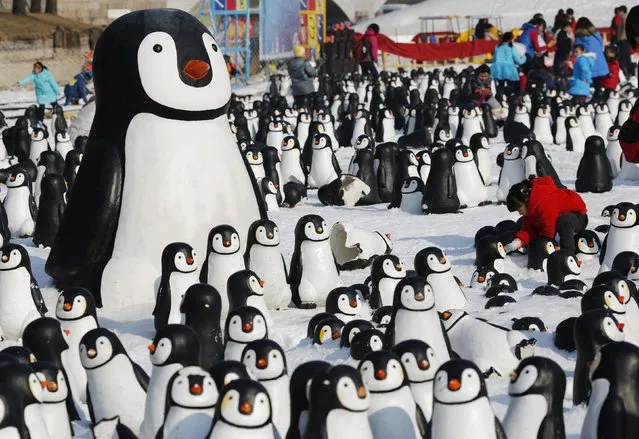 A girl plays with snow inside a display of plastic penguins during the Ice and snow carnival at Taoranting park in Beijing February 9, 2015. (Photo by Kim Kyung-Hoon/Reuters)