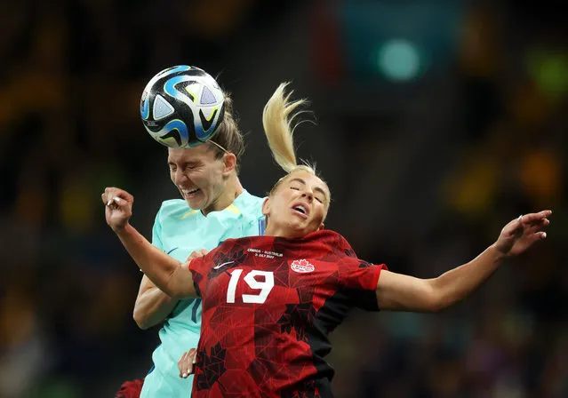 Steph Catley of Australia and Adriana Leon of Canada compete for the ball during the FIFA Women's World Cup Australia & New Zealand 2023 Group B match between Canada and Australia at Melbourne Rectangular Stadium on July 31, 2023 in Melbourne / Naarm, Australia. (Photo by Alex Grimm – FIFA/FIFA via Getty Images)
