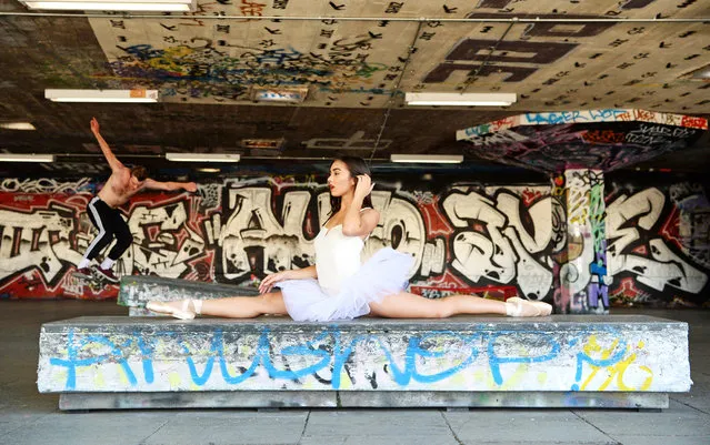 A ballet dancer practices in the sunshine at the Southbank skatepark in London on Monday, September 17, 2018, as Storm Helene is due to bring unseasonably warm weather in London and the south east, as the low pressure draws up warm air from the south. Forecasters have downgraded warnings that Helene could pose a risk to life when it hits this week – but warned coastal communities to stay vigilant. (Photo by Kirsty O'Connor/PA Wire)