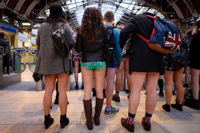 Participants in the annual International "No Pants Subway Ride" arrive at a train station in London, on January 10, 2016. (Photo by Leon Neal/AFP Photo)