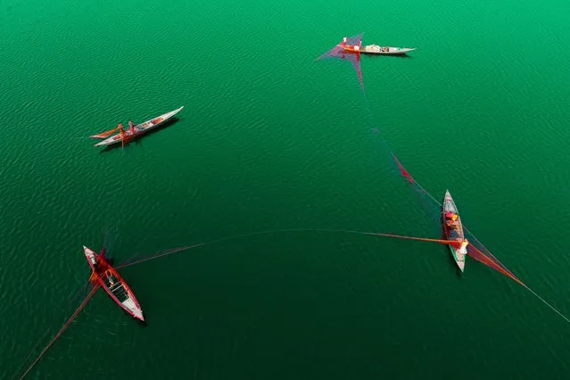 Fishermen stretch out an enormous net as they use an age-old technique to catch fish in turquoise waters on the Jamuna River in Bogra, Bangladesh on September 13, 2023. Algae in the water makes this river look turquoise. The traditional method of sinking the huge net is used to catch small fish such as barbs, catfish, and gourami. They spread the net in a vast area and then gently pull it up by its corners so they surround the fishes making them unable to escape. They catch between 8kg to 10kg of small fishes each time and can do this up to five times a day. Despite being a challenging task, it takes roughly an hour for each session. Their ancient technique not only preserves the delicate balance of aquatic ecosystems but also ensures the continuity of their livelihoods. With each hour of laborious work, they not only reap a modest harvest but also contribute to the sustainable future of their community, demonstrating that the ancient rhythms of nature and responsible stewardship can coexist harmoniously. (Photo by Joy Saha/ZUMA Press Wire/Rex Features/Shutterstock)