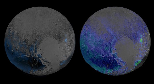 This NASA image captured by NASA's New Horizons spacecraft released January 28, 2016 shows a false-color image, derived from observations in infrared light by the Ralph/Linear Etalon Imaging Spectral Array (LEISA) instrument, showing where the spectral features of water ice are abundant on Plutos surface. The scans, taken about 15 minutes apart, were stitched into a combined multispectral Pluto data cube covering the full hemisphere visible to New Horizons as it flew past Pluto. (Photo by AFP Photo/NASA)